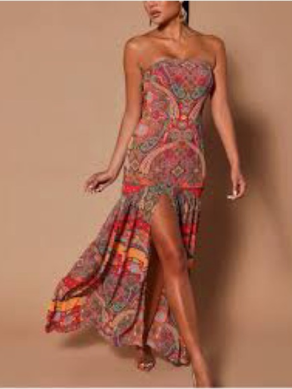 Fashion Nova LUXE Multicolor Paisley Strapless Maxi Dress Red & Orange Accent M
